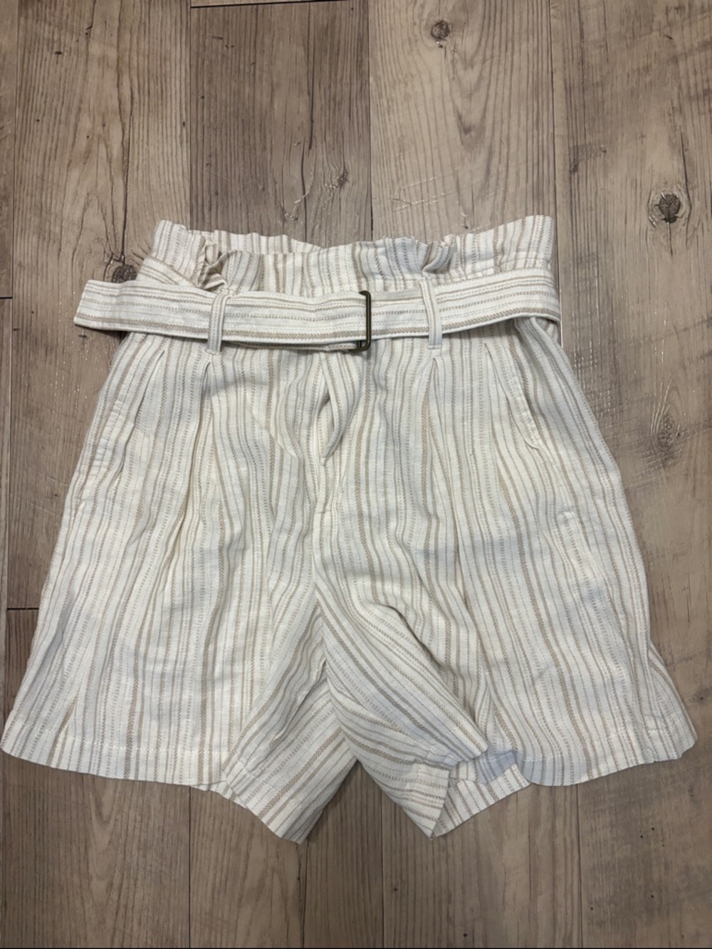 Banana Republic Factory Linen Blend High-Waist Striped Paperbag Shorts in Cream